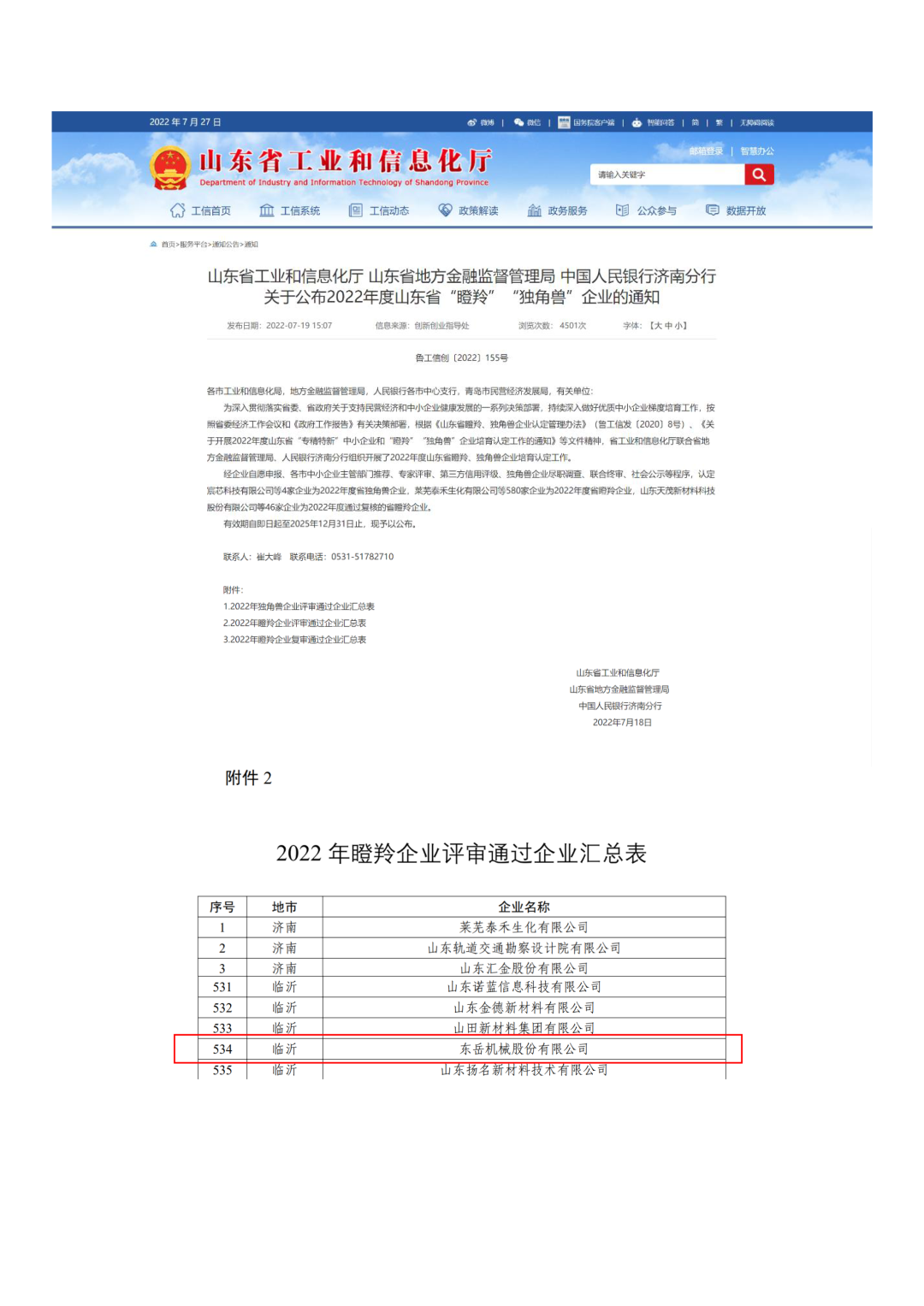 東岳機(jī)械榮獲山東省2022年“瞪羚”企業(yè)稱號(hào)